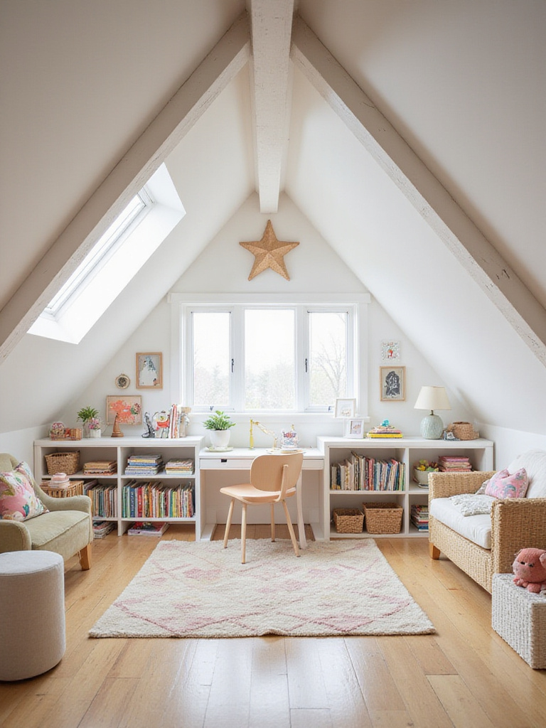 Bright and airy attic bedroom designed for children with built-in storage and a playful rug.