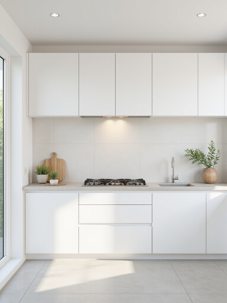 Modern kitchen with seamless large format tile backsplash
