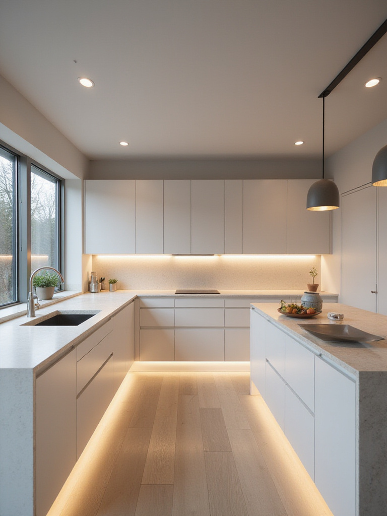 Modern kitchen with layered lighting including under-cabinet, recessed, and pendant lights.