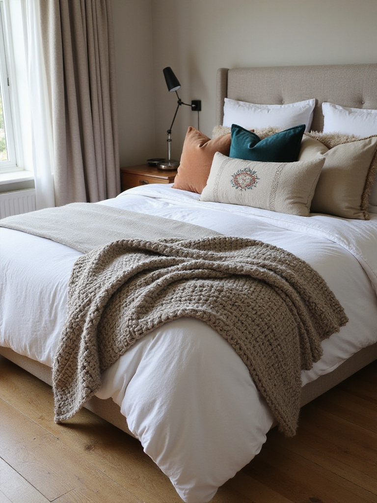 Luxurious layered bedding with textured duvet, throw blanket, and decorative pillows.
