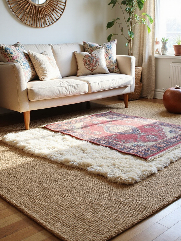 Boho living room with layered jute, Persian, and shag rugs creating texture and warmth