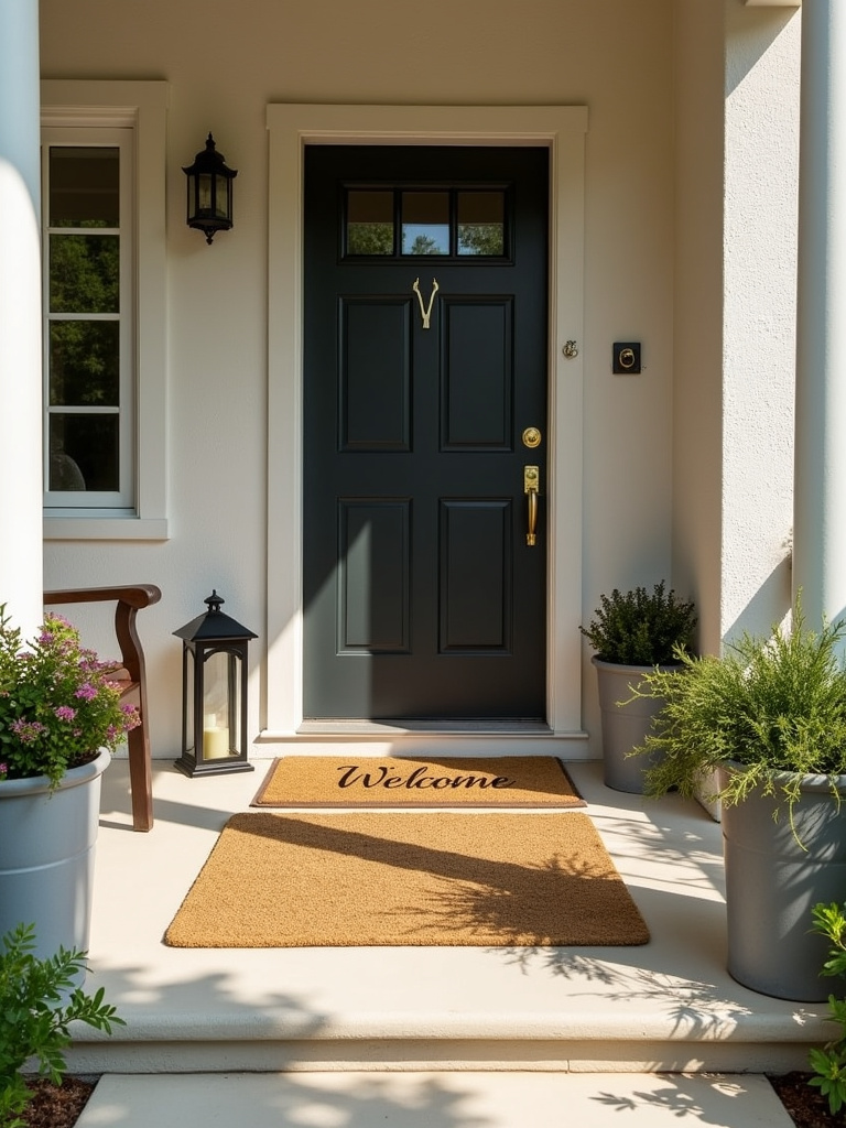 Layered doormats on a front porch, with a jute rug as the base and a 'Welcome' coir mat on top.