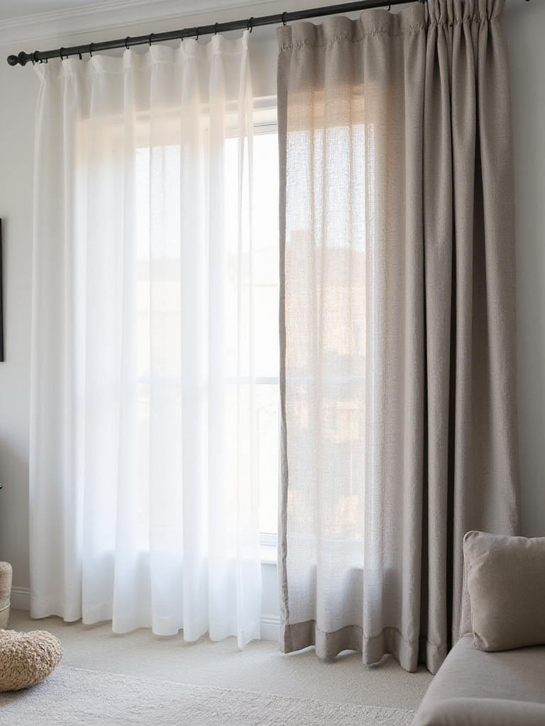 Living room with layered sheer and linen curtains on a double rod.