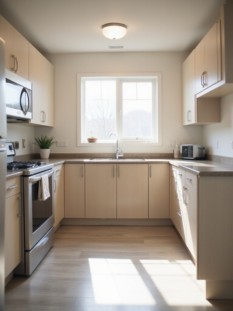 Efficient kitchen layout with strategic cabinet placement for optimal workflow.