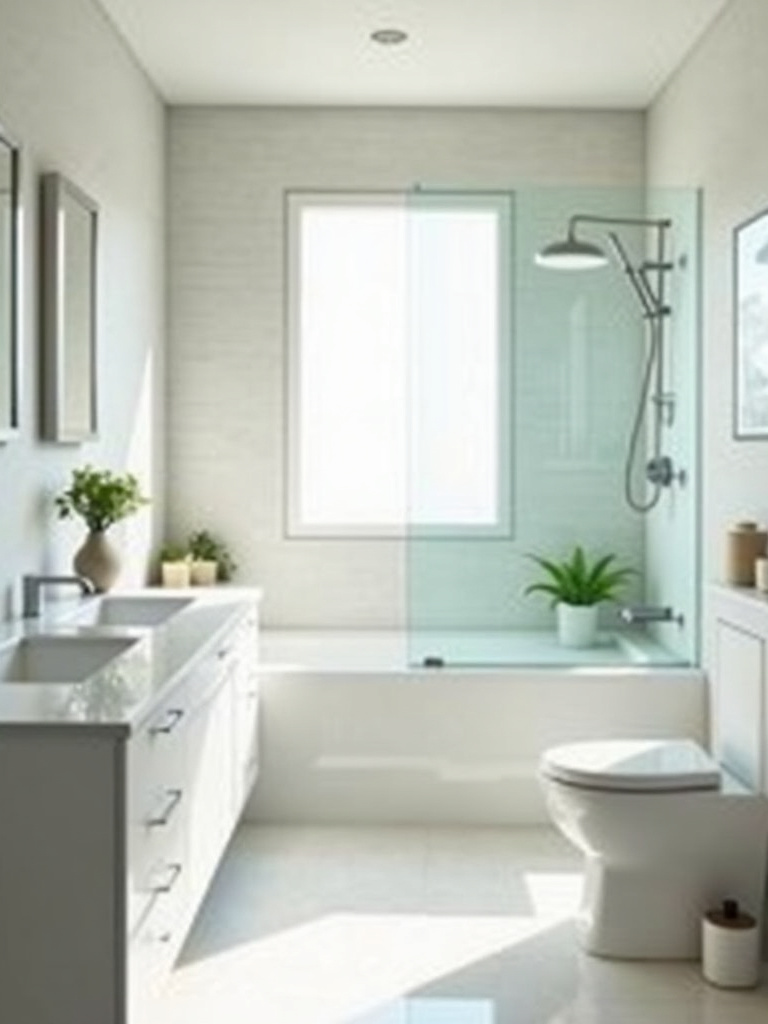 Functional and spacious bathroom layout with wall-mounted vanity and glass shower.