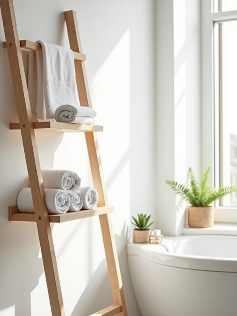 Bathroom ladder shelf with folded towels and plant.