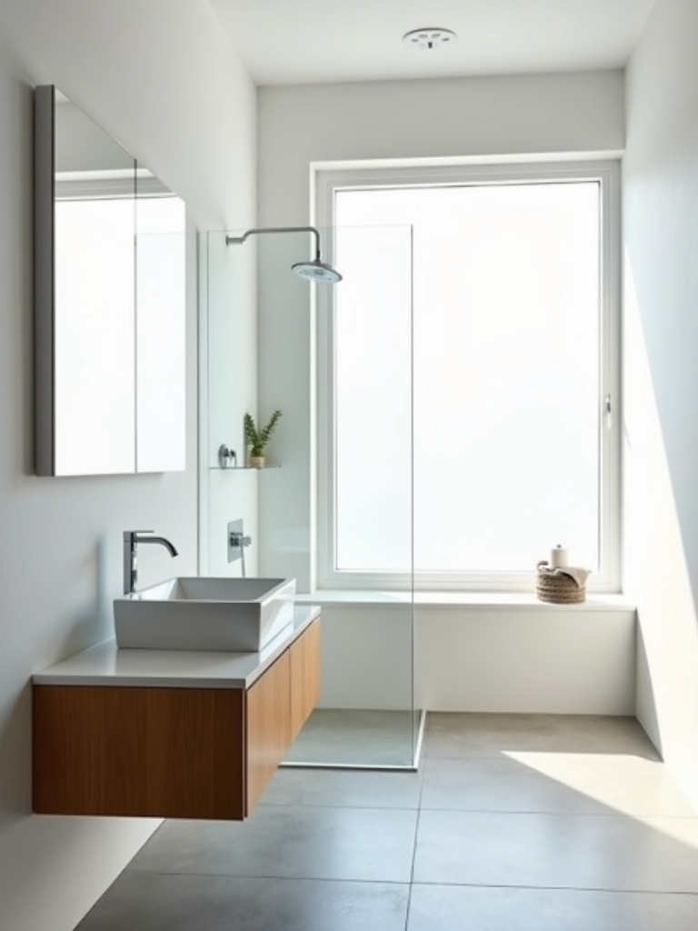 Minimalist bathroom design with white walls, floating vanity, and frameless shower enclosure