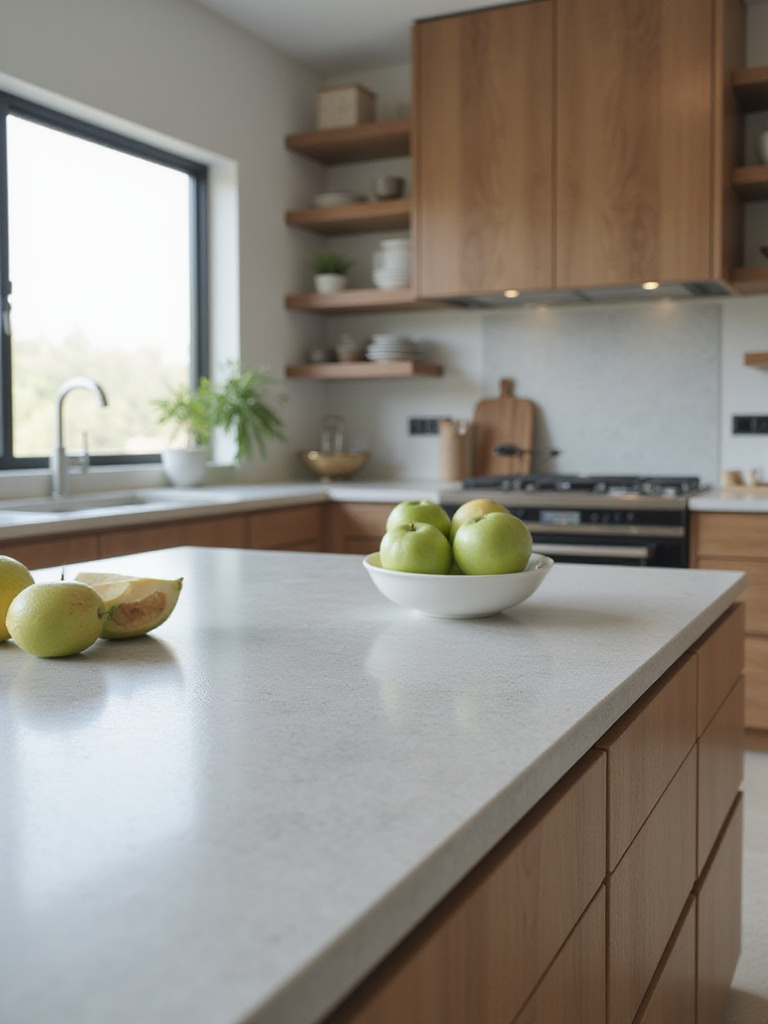 Minimalist kitchen island with a single bowl of green apples.