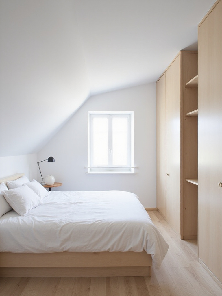 Minimalist attic bedroom design with white walls, light wood floor, and built-in storage.