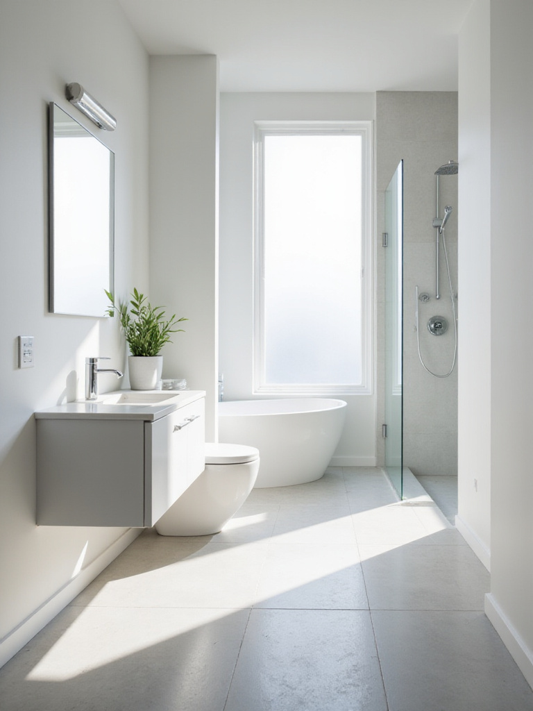 Bright, minimalist bathroom with white walls, frameless shower, and light gray tile.