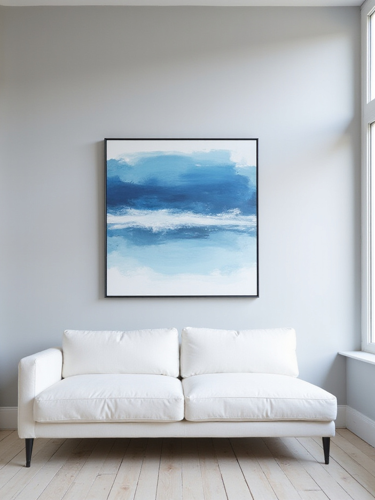 Minimalist living room featuring a striking abstract painting as a focal point.
