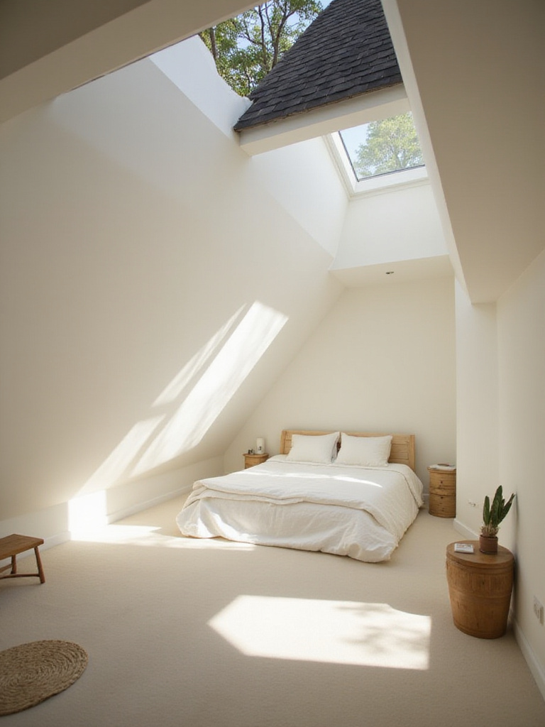Bright attic bedroom with multiple skylights providing natural light