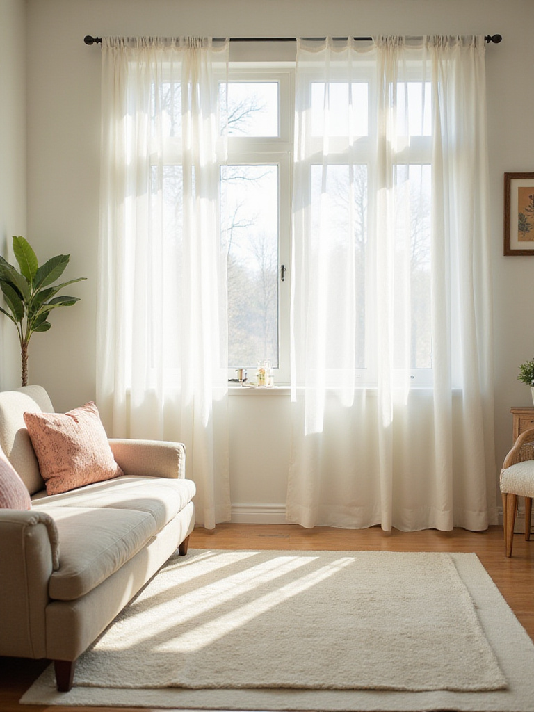 Living room with white sheer curtains allowing soft sunlight to filter through