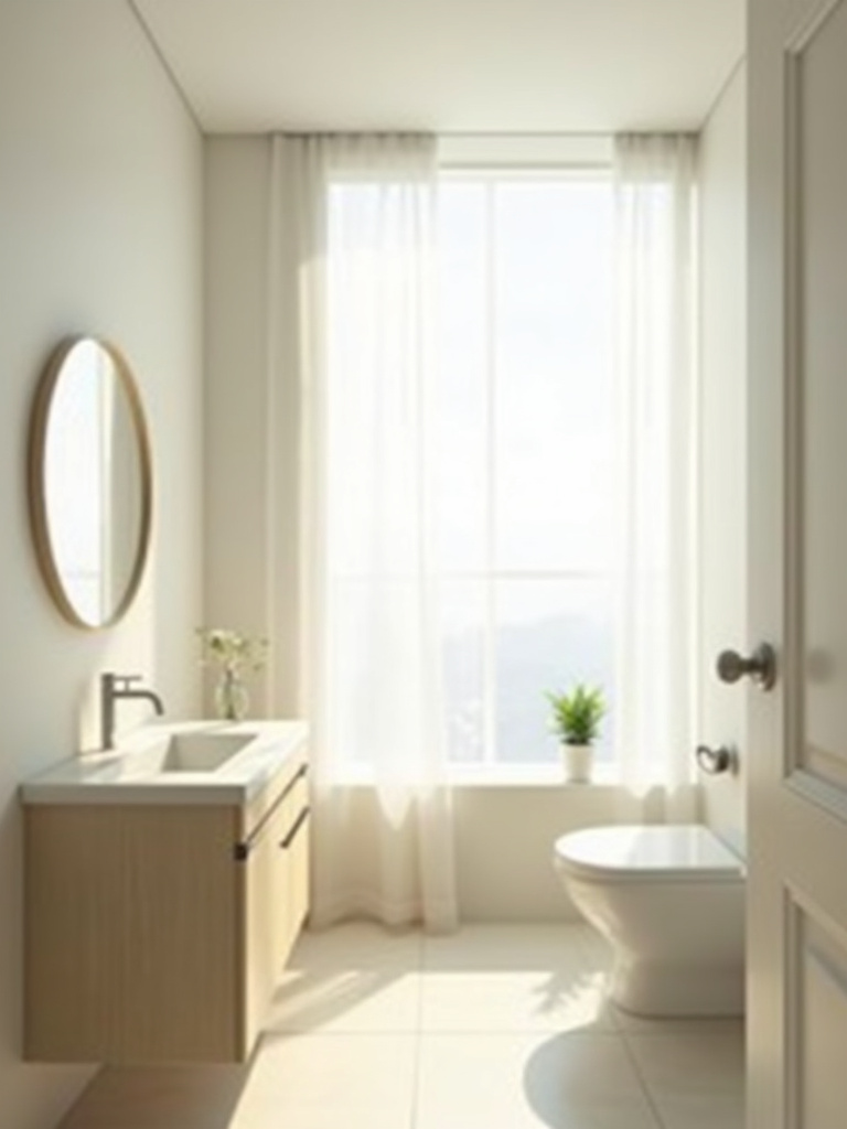 Small bathroom design maximizing natural light with large window and sheer curtains.