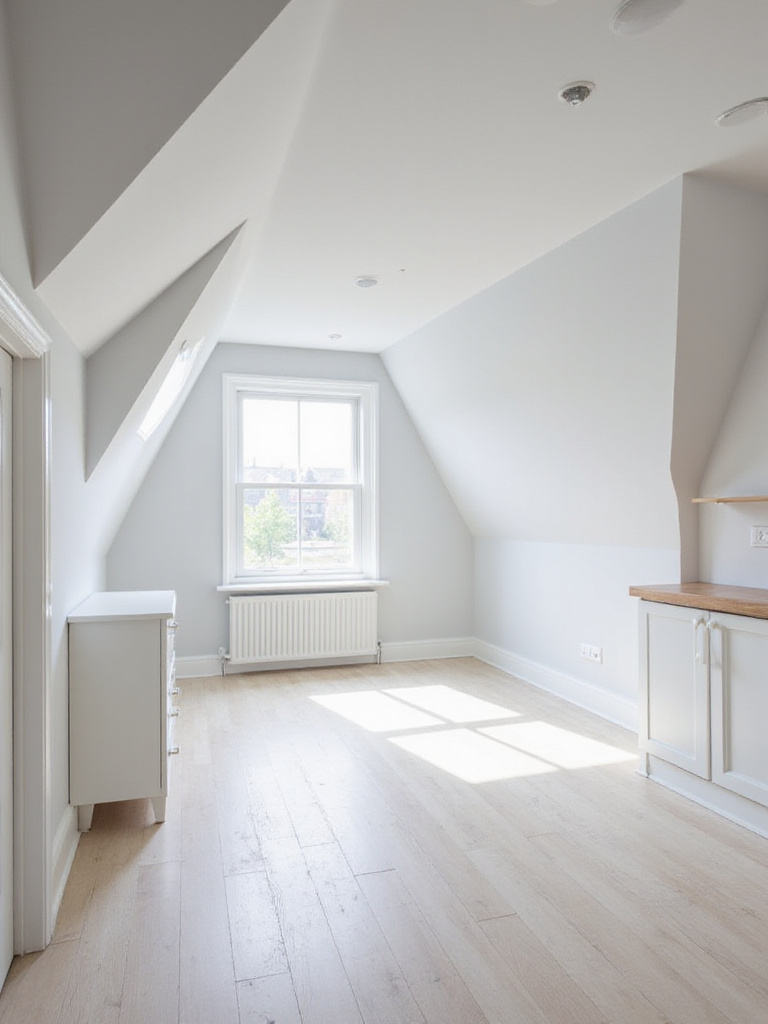 Bright and airy attic bedroom with light gray walls and white trim, creating a spacious feel.