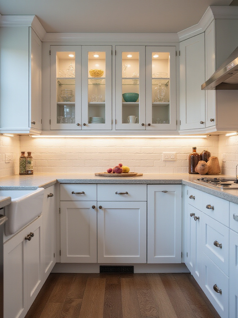 Modern kitchen with under-cabinet and in-cabinet LED lighting, showcasing enhanced functionality and ambiance.