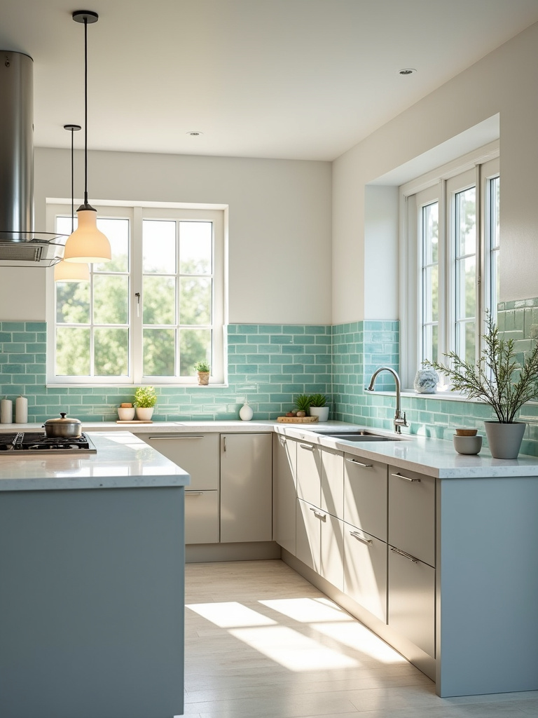 Kitchen design showcasing how natural and artificial lighting affect color perception on cabinets, countertops, and backsplash.