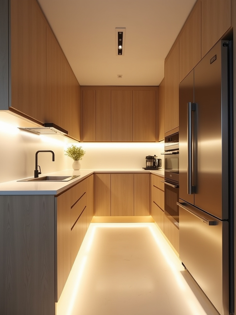 Apartment kitchen with warm white LED under-cabinet lighting illuminating countertops.