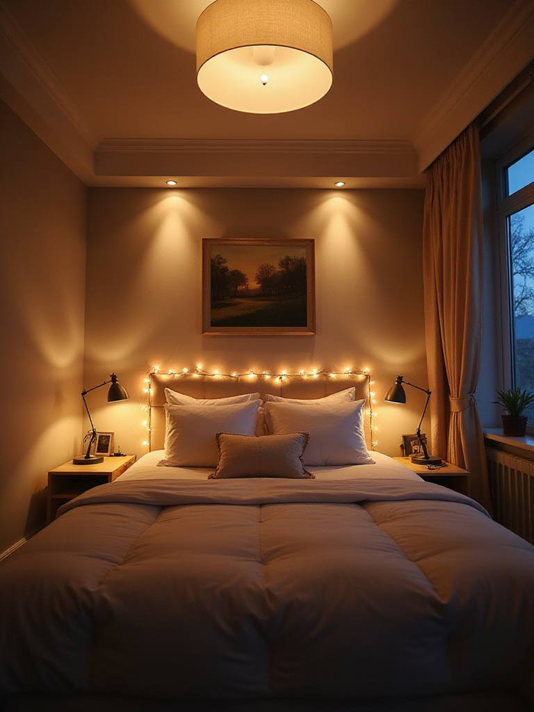 Bedroom with layered lighting: ambient, task, and accent lighting creating a relaxing atmosphere.