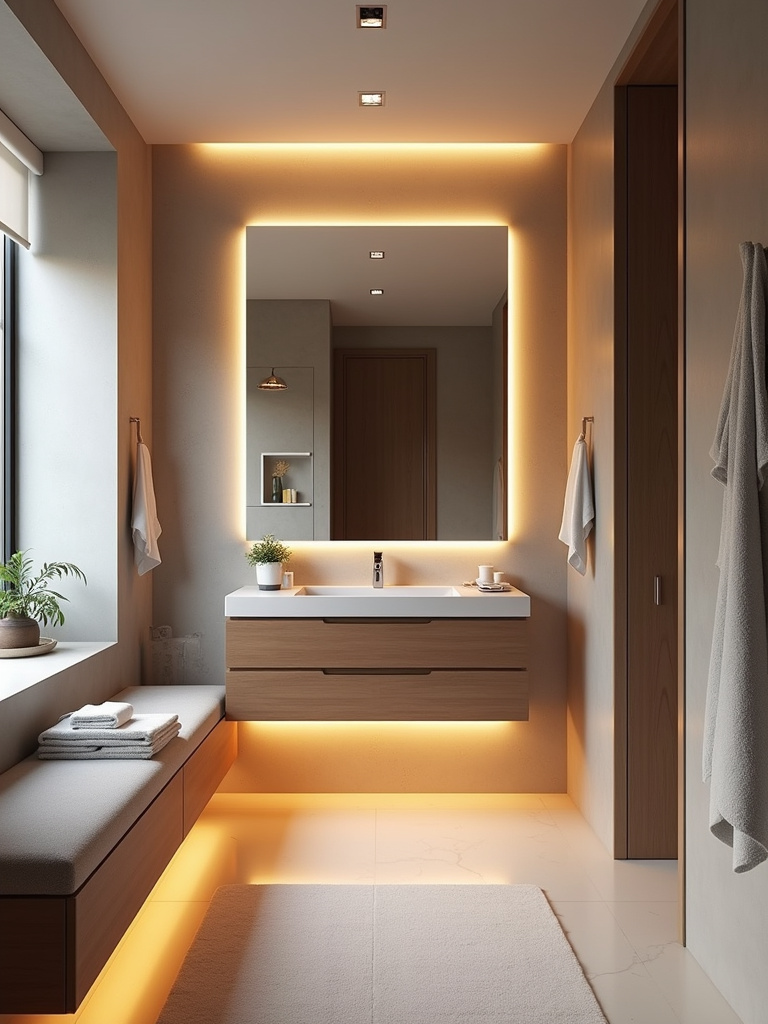 Bathroom with layered lighting: ambient, task, and accent lighting creating a relaxing and functional space.