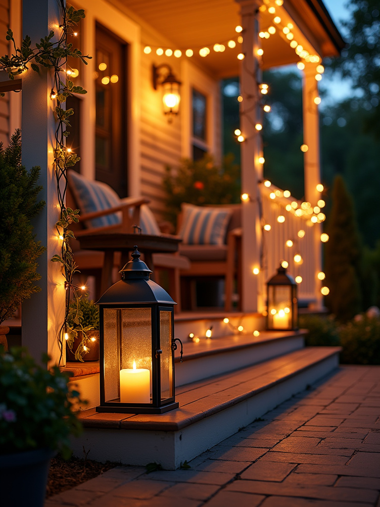 Elegant porch decorated with lanterns and candle holders for warm illumination.