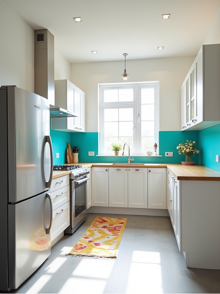 Bright kitchen design with white cabinets and turquoise backsplash, maximizing space with light colors.