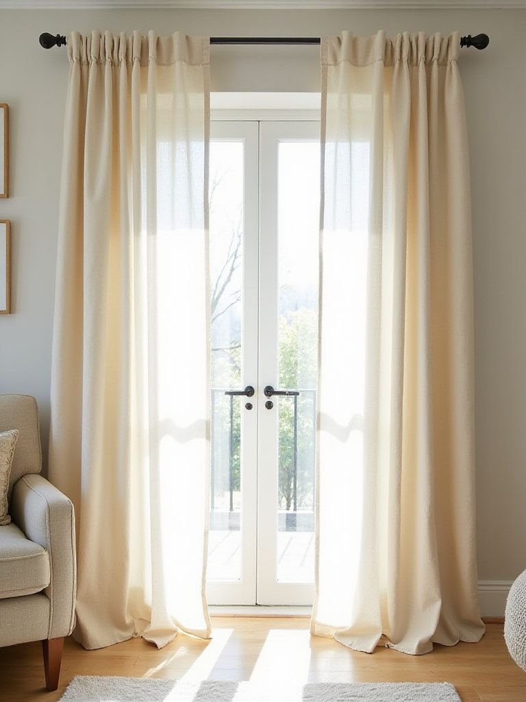 Living room with light beige linen curtains allowing soft sunlight to filter through