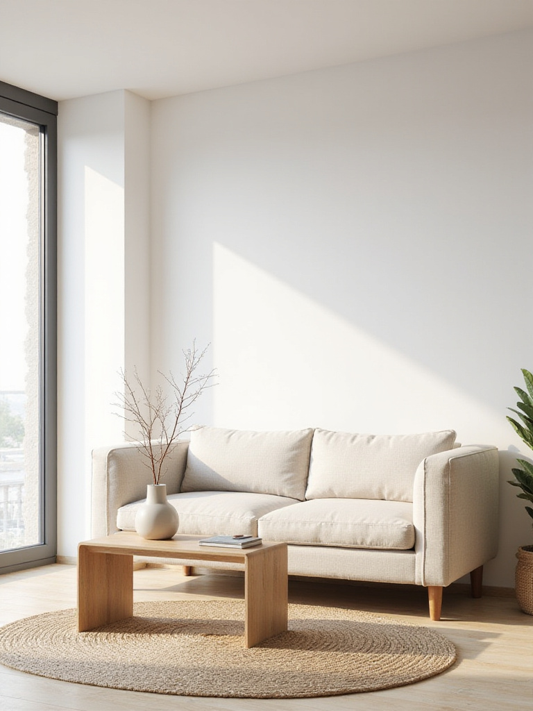 Minimalist living room featuring a sofa, coffee table, and natural light, embodying the 'Less is More' philosophy.