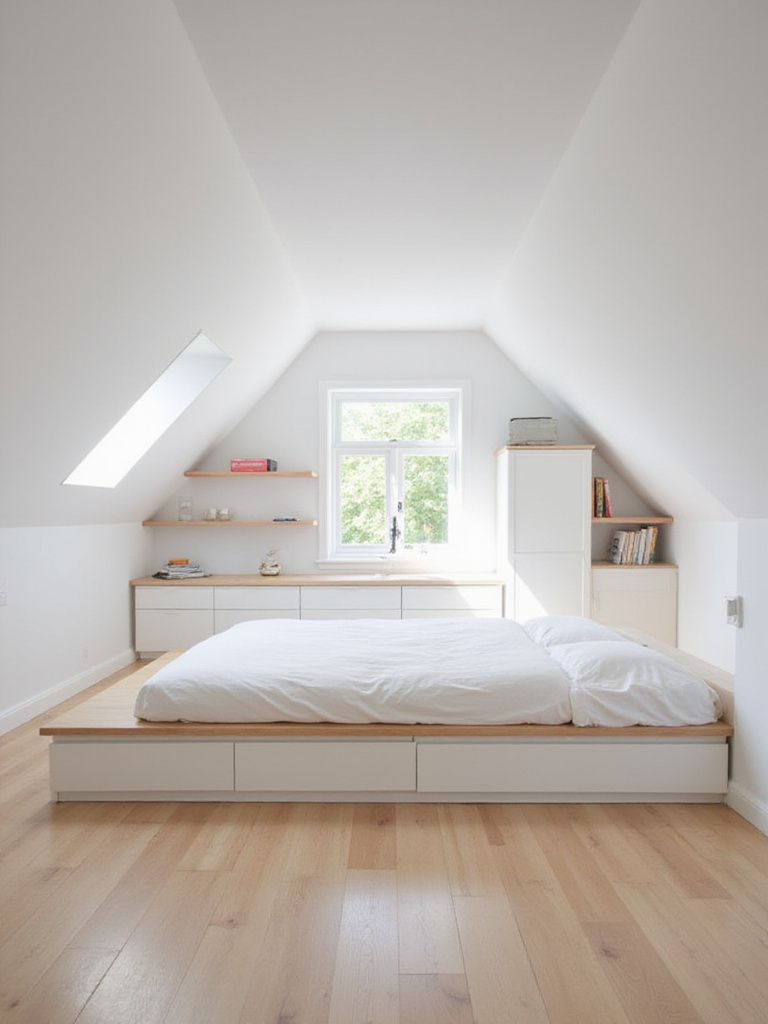 Attic bedroom with low-profile platform bed and built-in storage.