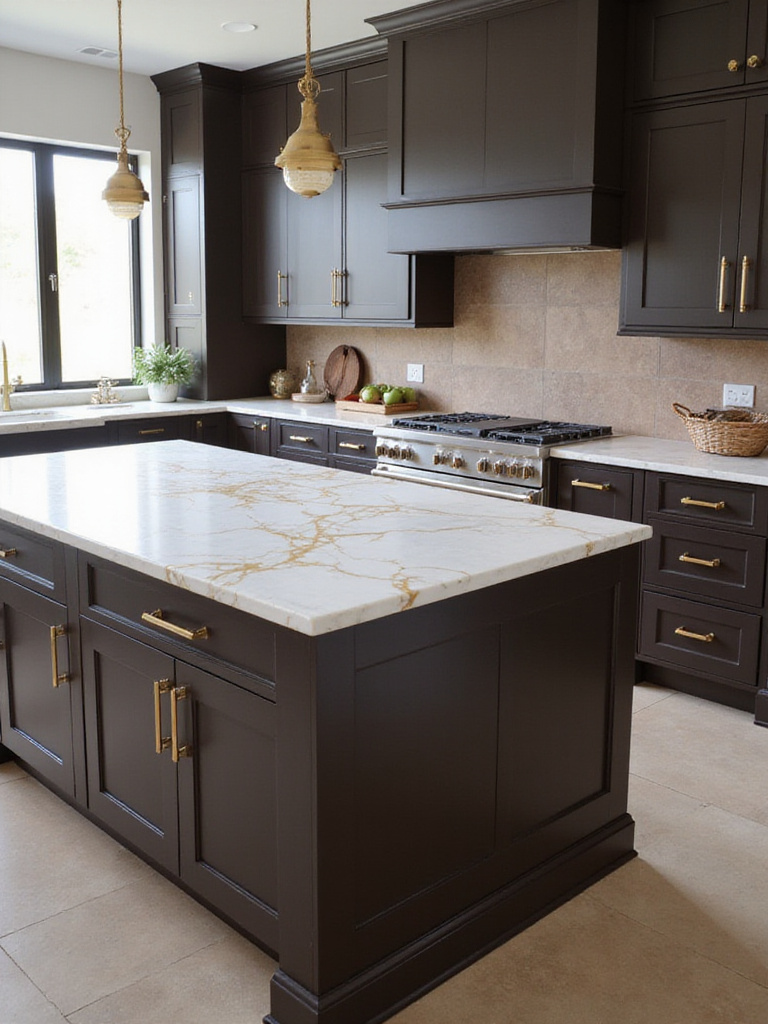 Luxurious brown kitchen with gold accents and white marble island