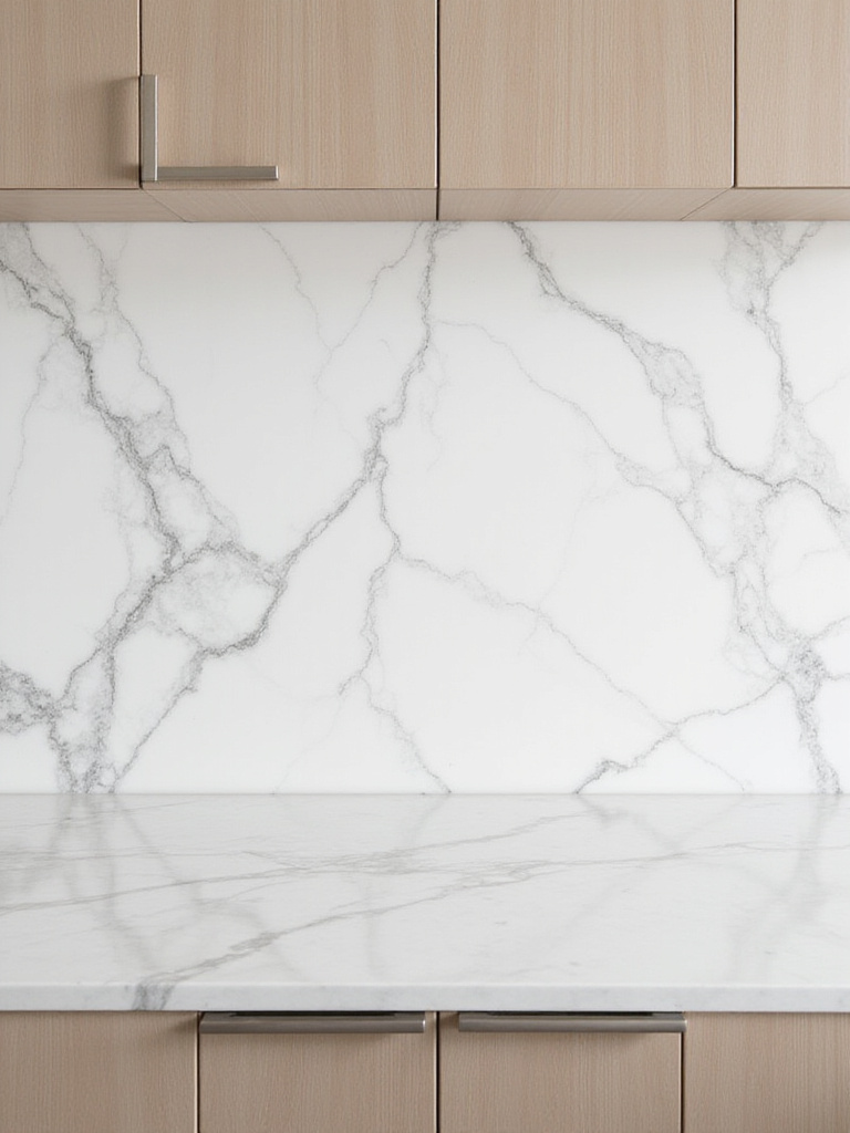 Luxurious modern kitchen with seamless marble slab backsplash