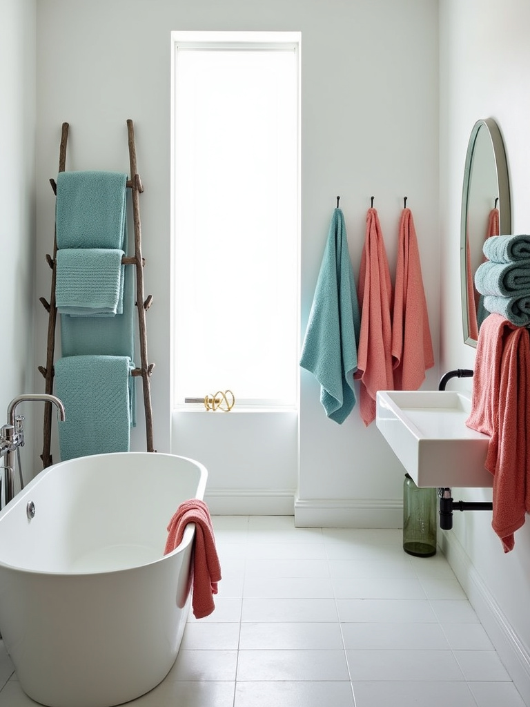 Luxurious bathroom featuring plush, colorful towels displayed on a ladder and heated rack.
