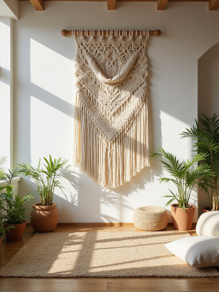 Boho living room with a large macrame wall hanging as a focal point.