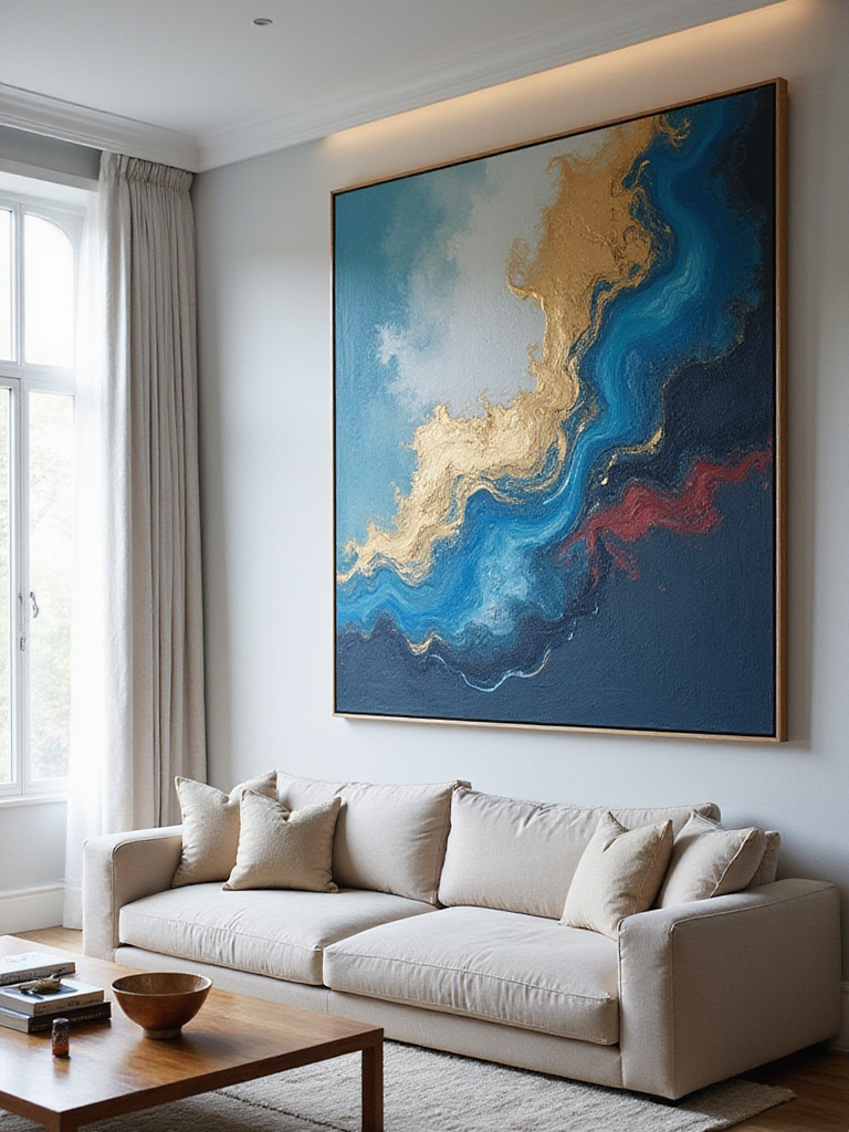 Living room with oversized blue and gold abstract art above sofa
