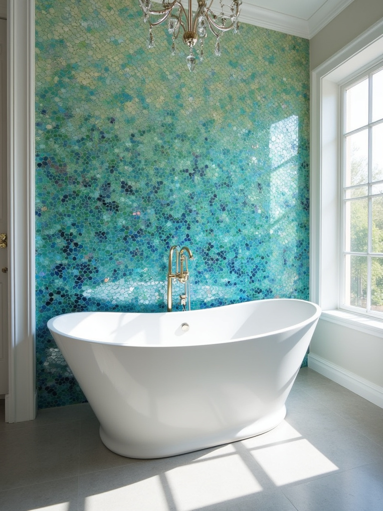 Bathroom with freestanding tub and iridescent mosaic tile accent wall.