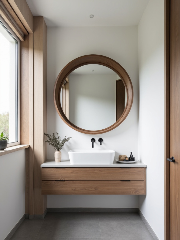 Small bathroom with a round, wood-framed statement mirror above a floating vanity.