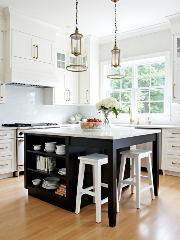 Black kitchen island with white marble countertop as a focal point in a modern kitchen.