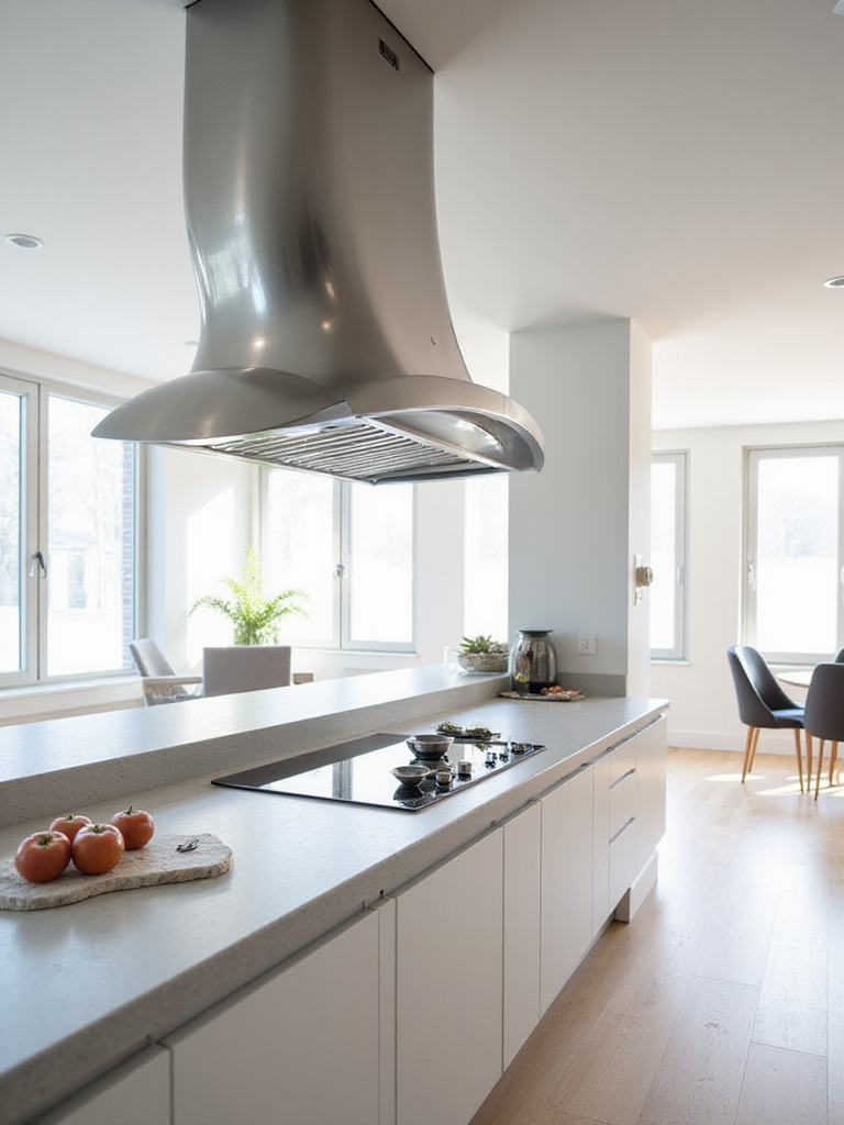 Contemporary kitchen with a statement stainless steel sculptural range hood