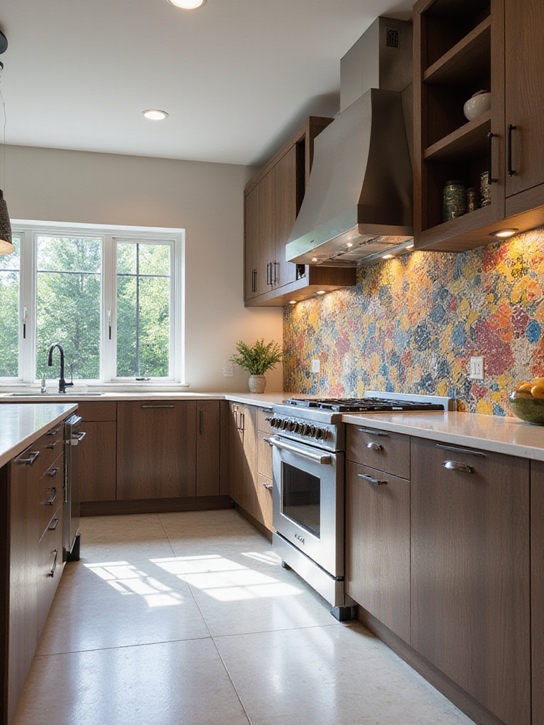 Luxury kitchen with a hand-painted, abstract ceramic tile backsplash