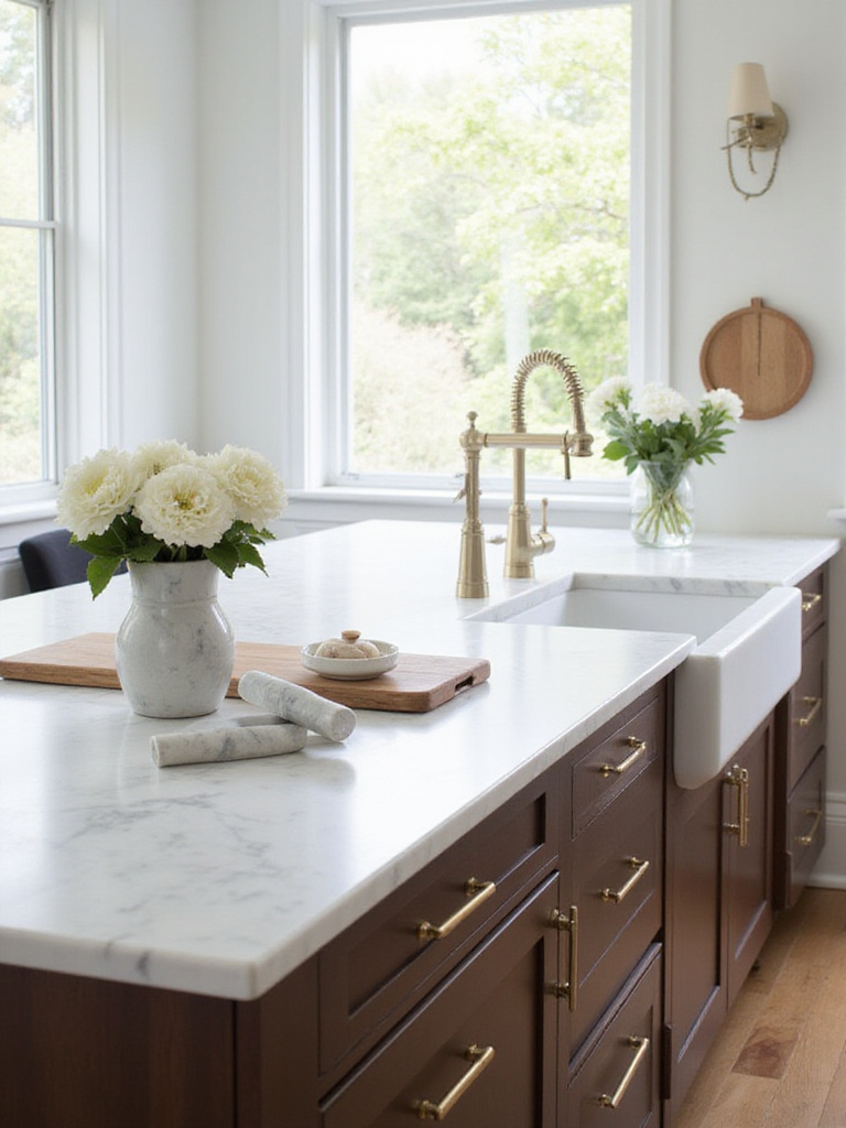 Kitchen island with white marble countertop and elegant marble accents.
