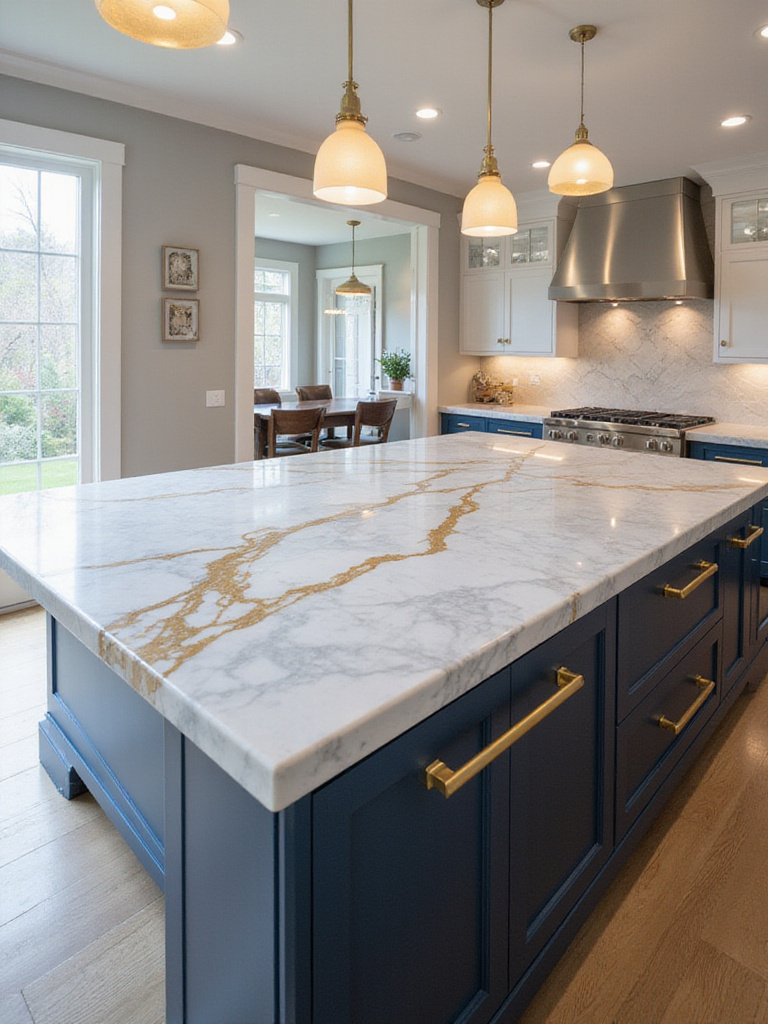 Luxurious kitchen island with Calacatta marble countertop and navy blue cabinets.
