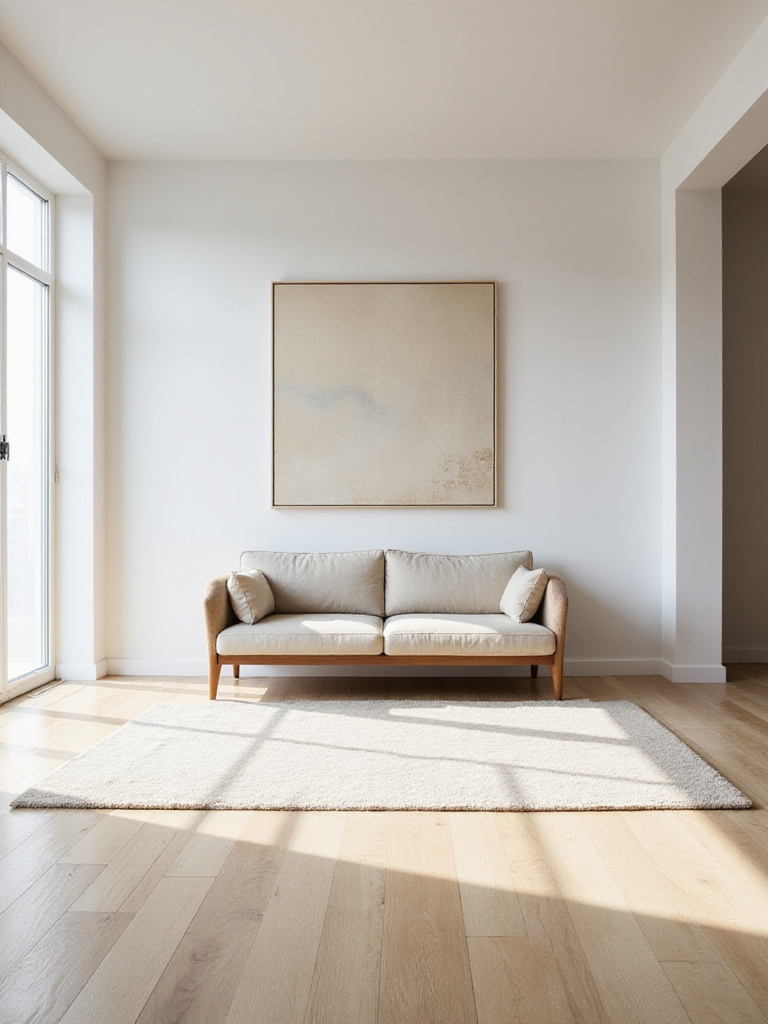Minimalist living room with a statement sofa and ample negative space.