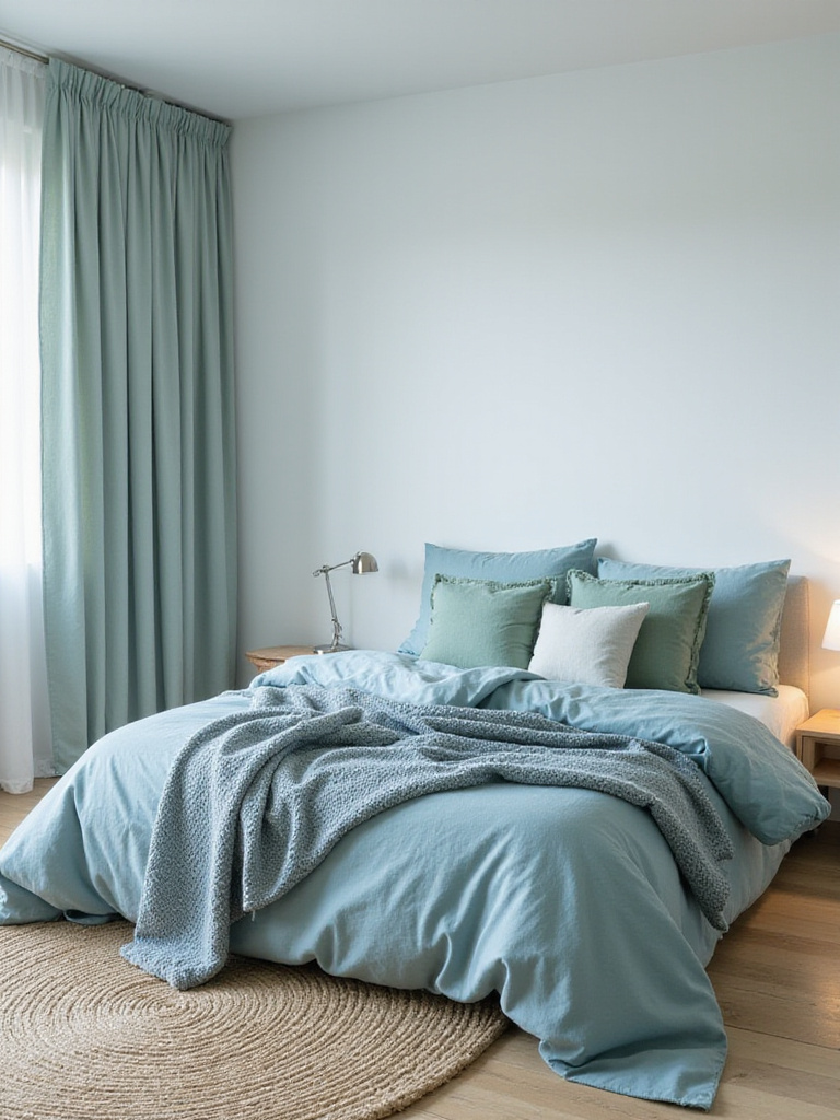 Serene bedroom with soft blue and green color palette for relaxation
