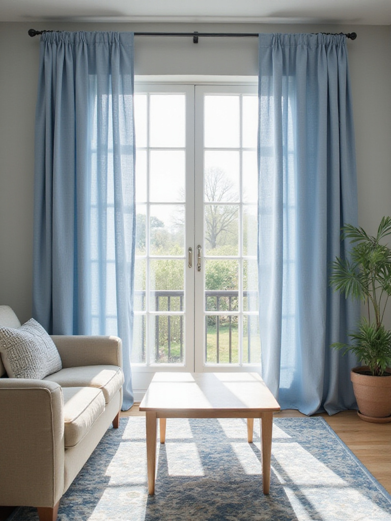 Living room with light blue linen curtains matching the blue tones in the patterned rug.