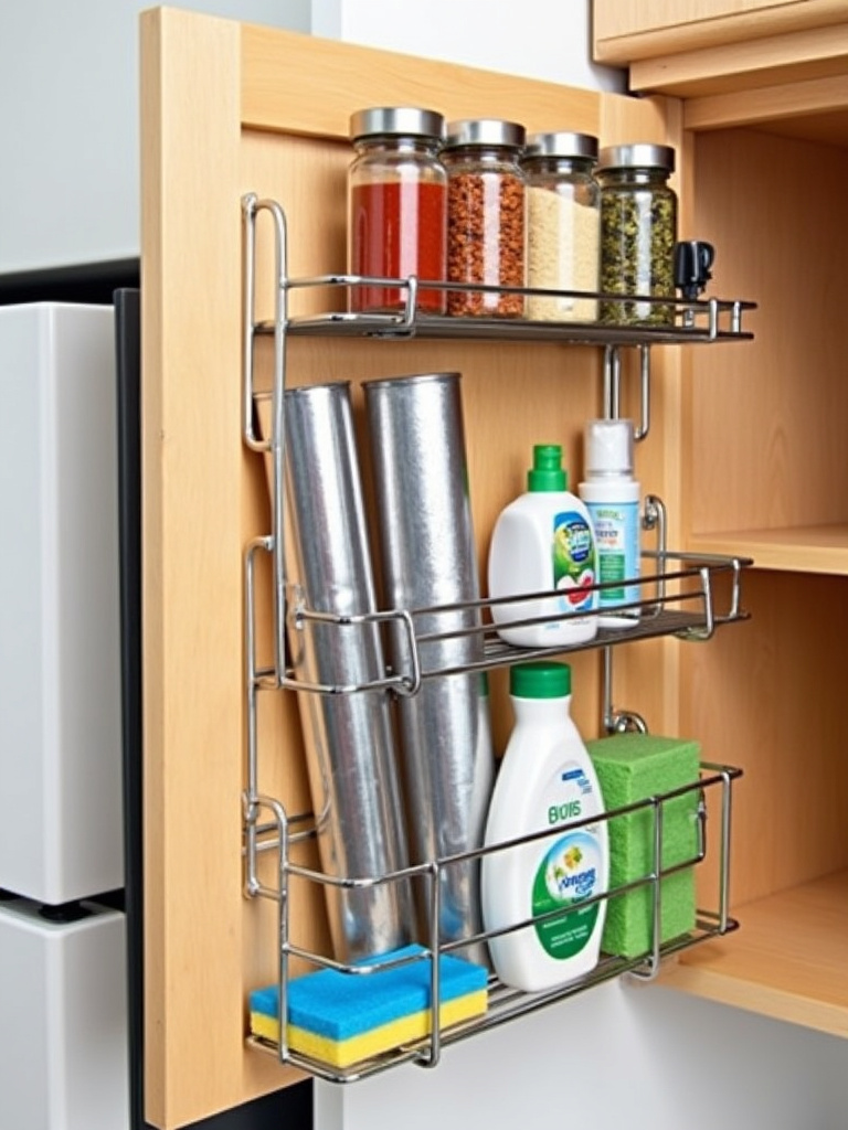 Over-the-door kitchen cabinet organizer holding spices, foil, and cleaning supplies to maximize storage space.
