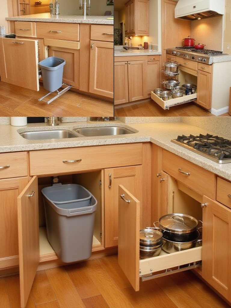Kitchen base cabinets with pull-out shelves, spice rack, and trash bin showcasing efficient cabinet organization.