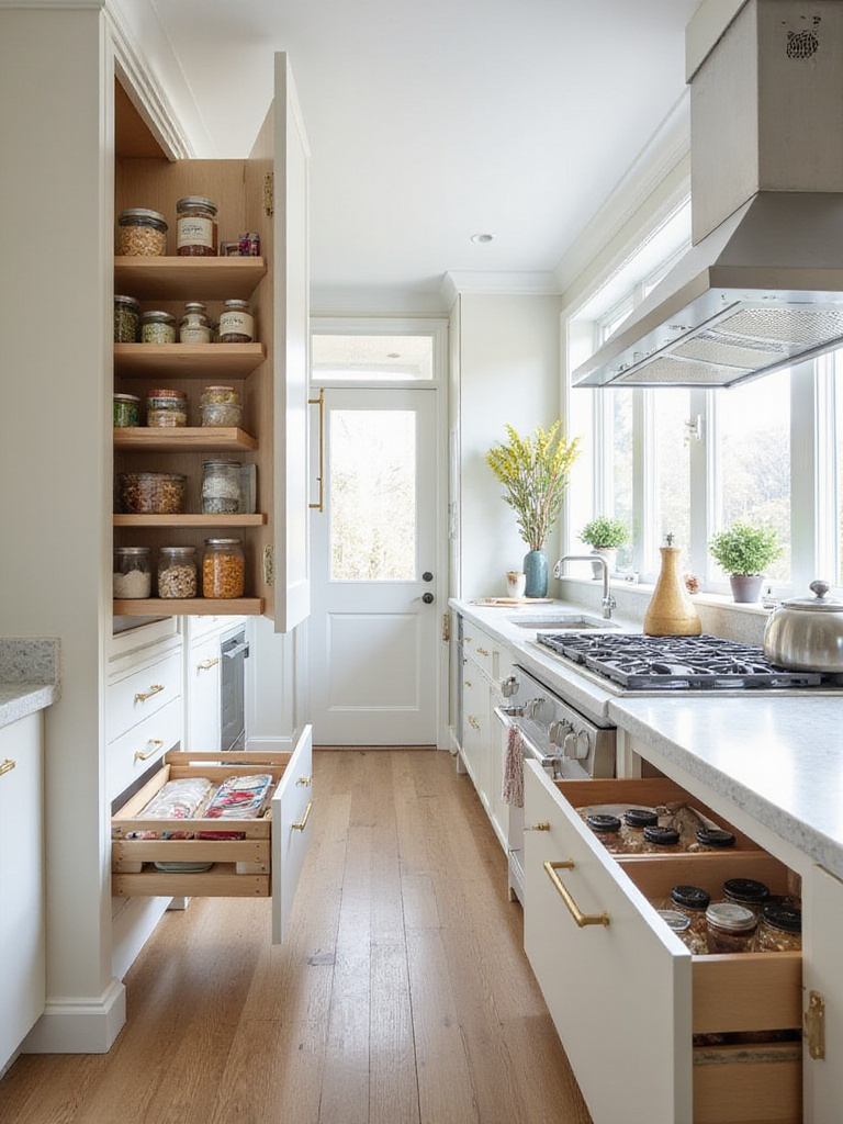 Modern kitchen with pull-out pantry shelves, spice rack drawer, and toe-kick storage.