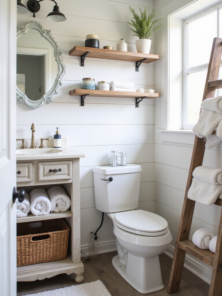 Farmhouse bathroom with smart storage solutions including repurposed washstand vanity, floating shelves, and ladder shelf.