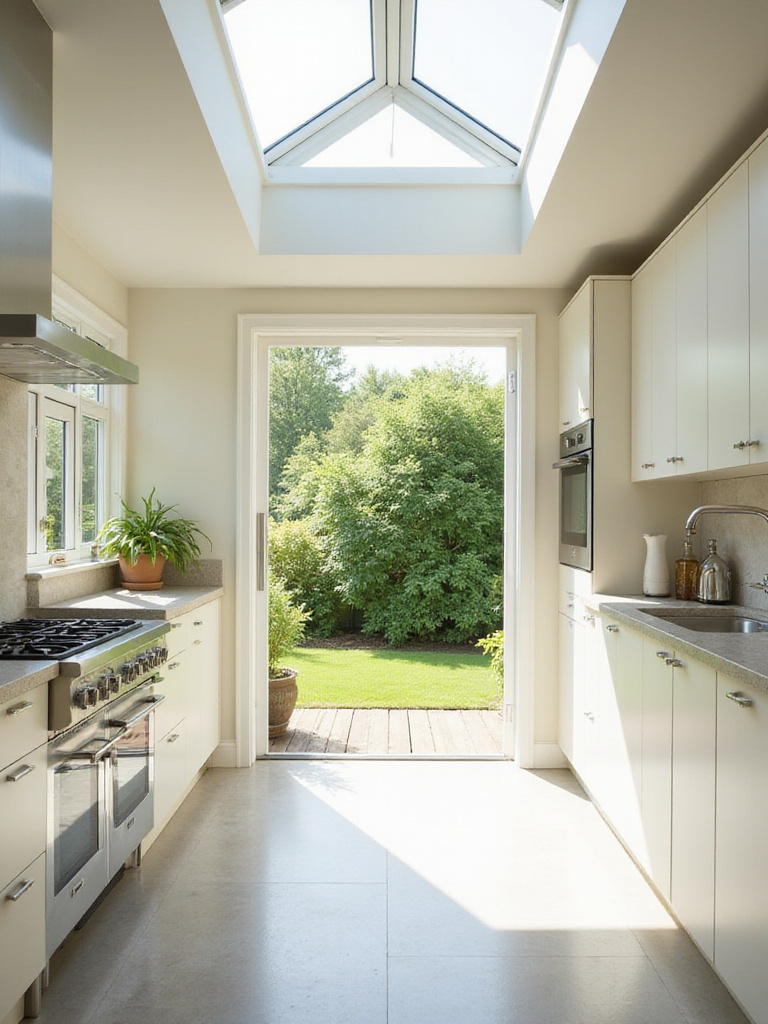 Bright modern kitchen with large windows and skylight maximizing natural light