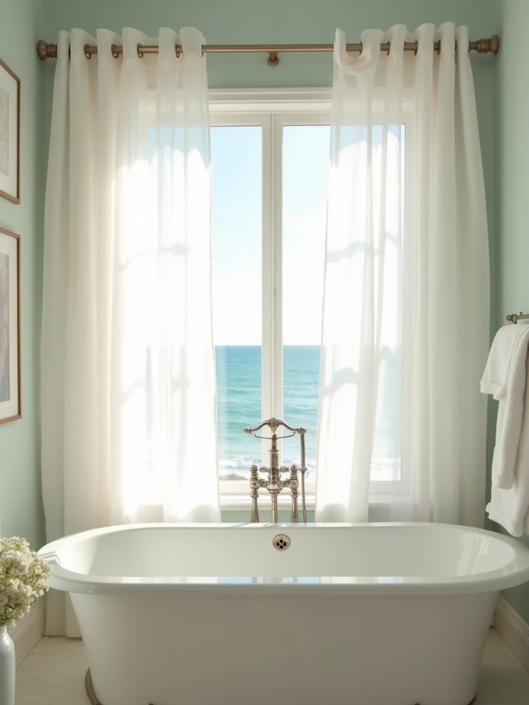 Coastal bathroom with sheer curtains maximizing natural light and creating a bright and airy atmosphere.